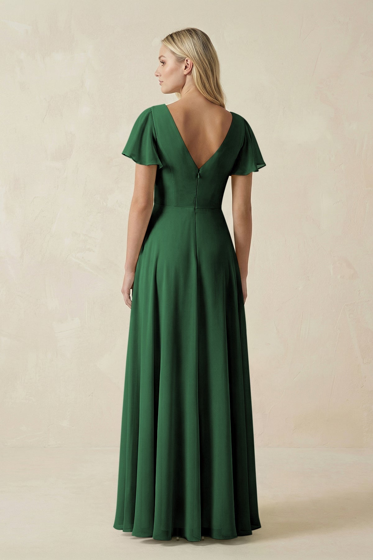 V-Neck Flutter Sleeve A-Line Chiffon Bridesmaid Dress in Dark Green