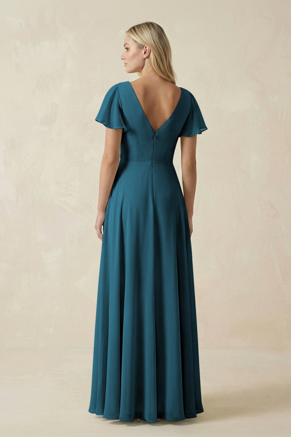 V-Neck Flutter Sleeve A-Line Chiffon Bridesmaid Dress in Dark Teal