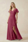 V-Neck Flutter Sleeve A-Line Chiffon Bridesmaid Dress in Desert Rose