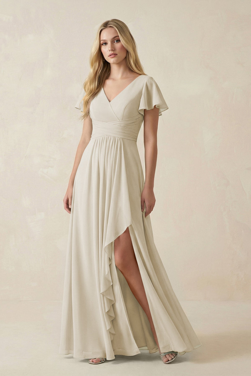 V-Neck Flutter Sleeve A-Line Chiffon Bridesmaid Dress in Dove Gray