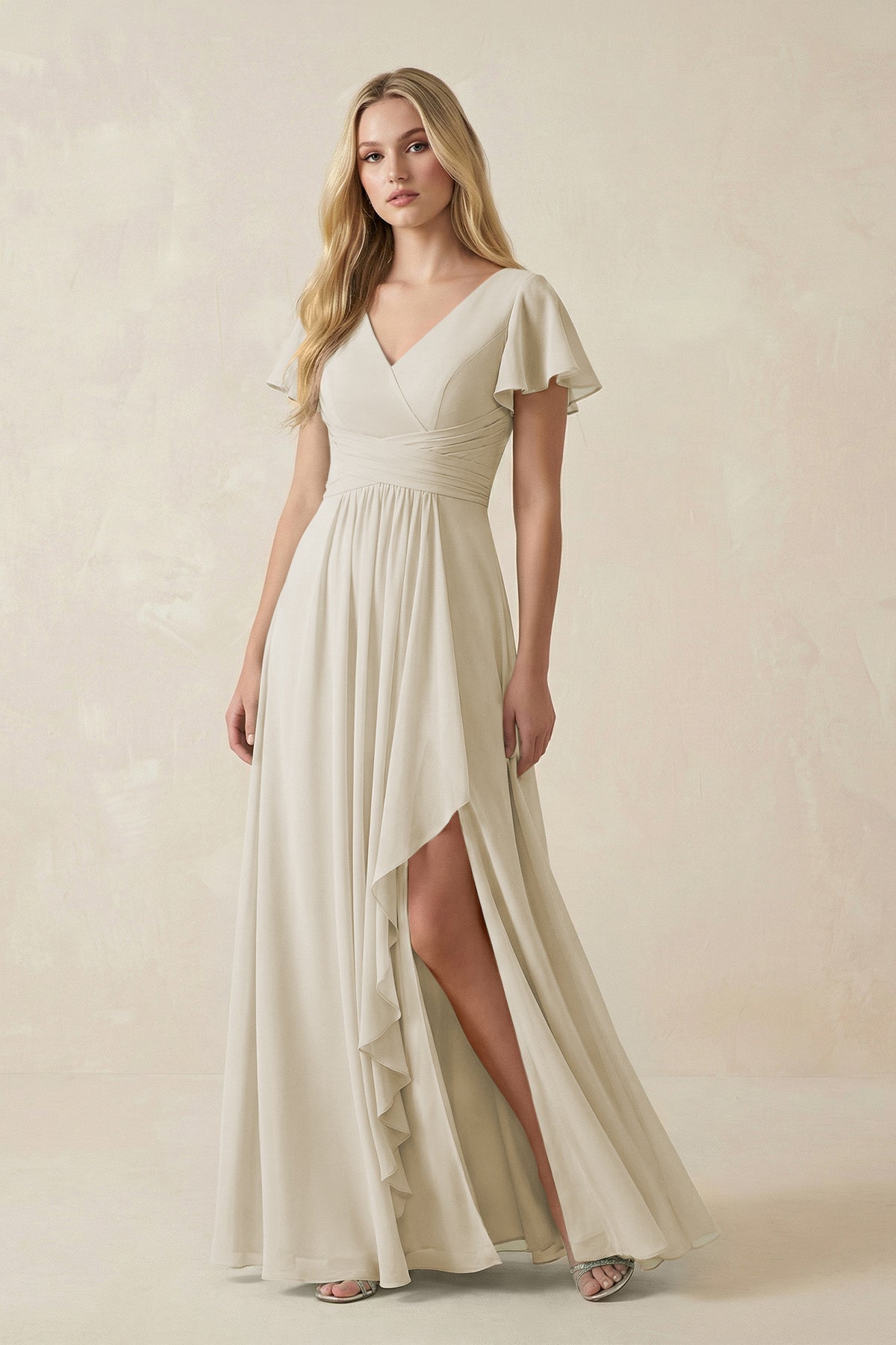 V-Neck Flutter Sleeve A-Line Chiffon Bridesmaid Dress in Dove Gray