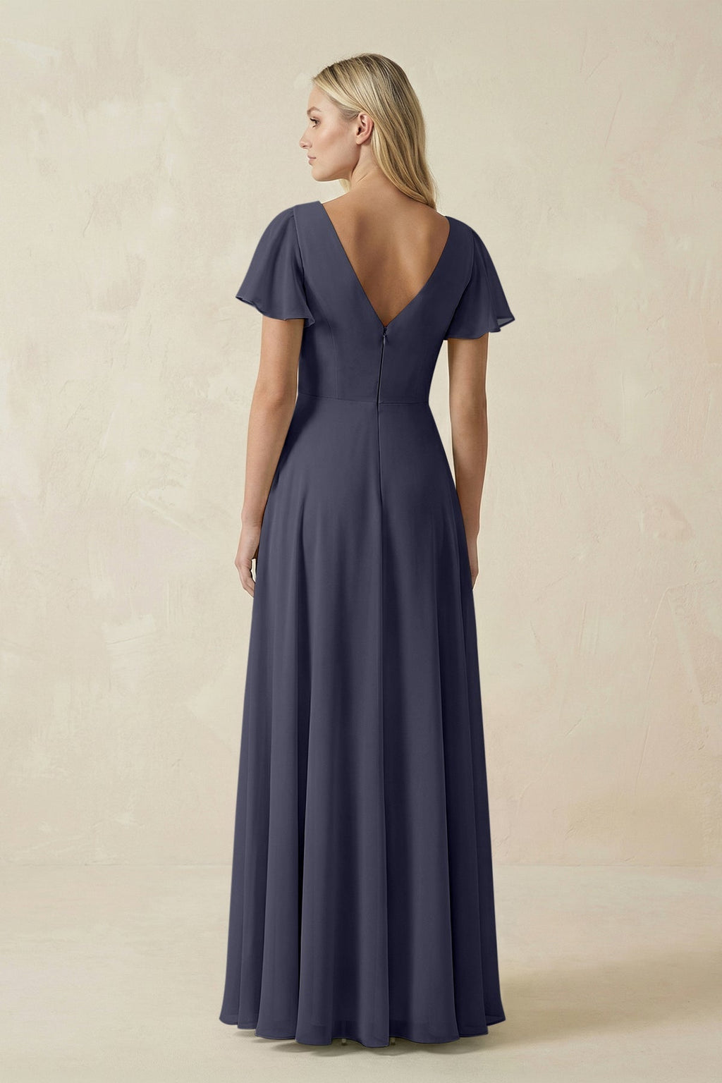 V-Neck Flutter Sleeve A-Line Chiffon Bridesmaid Dress in Dusk Blue