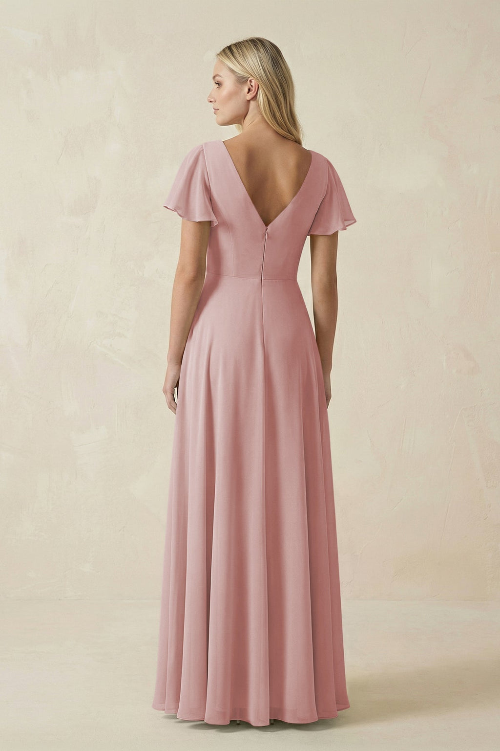 V-Neck Flutter Sleeve A-Line Chiffon Bridesmaid Dress in Dusty Rose