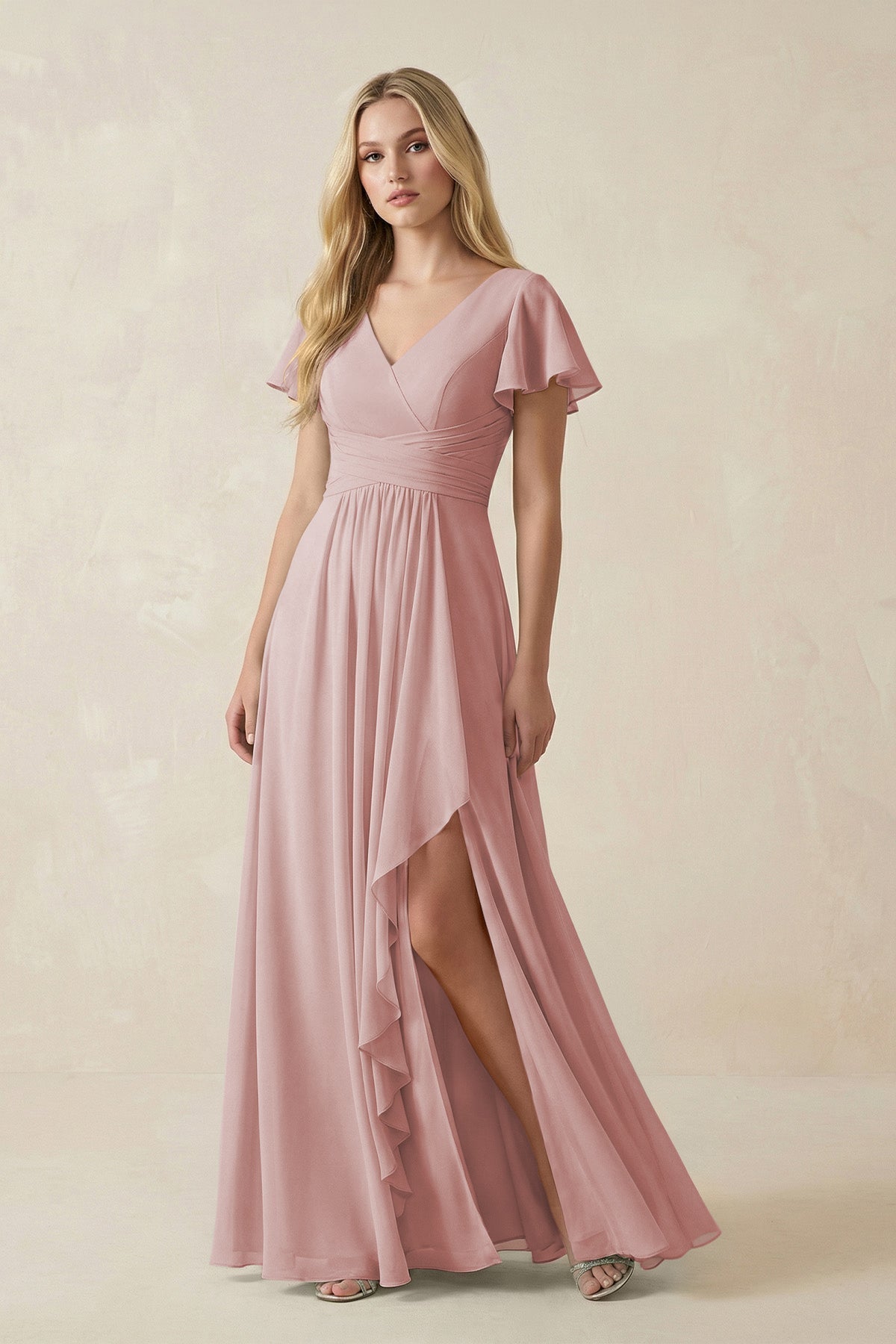 V-Neck Flutter Sleeve A-Line Chiffon Bridesmaid Dress in Dusty Rose
