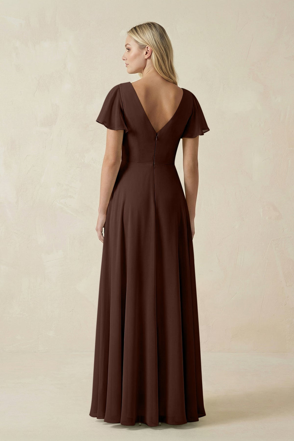 V-Neck Flutter Sleeve A-Line Chiffon Bridesmaid Dress in Espresso
