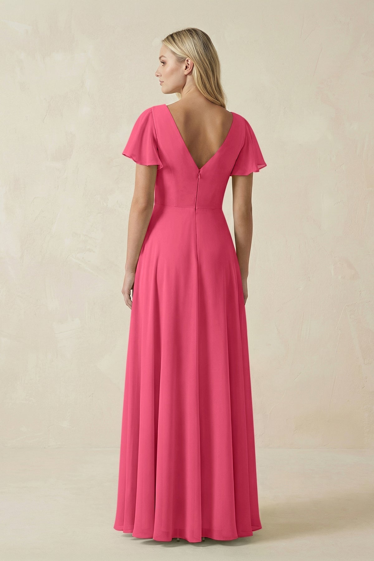 V-Neck Flutter Sleeve A-Line Chiffon Bridesmaid Dress in Fuchsia