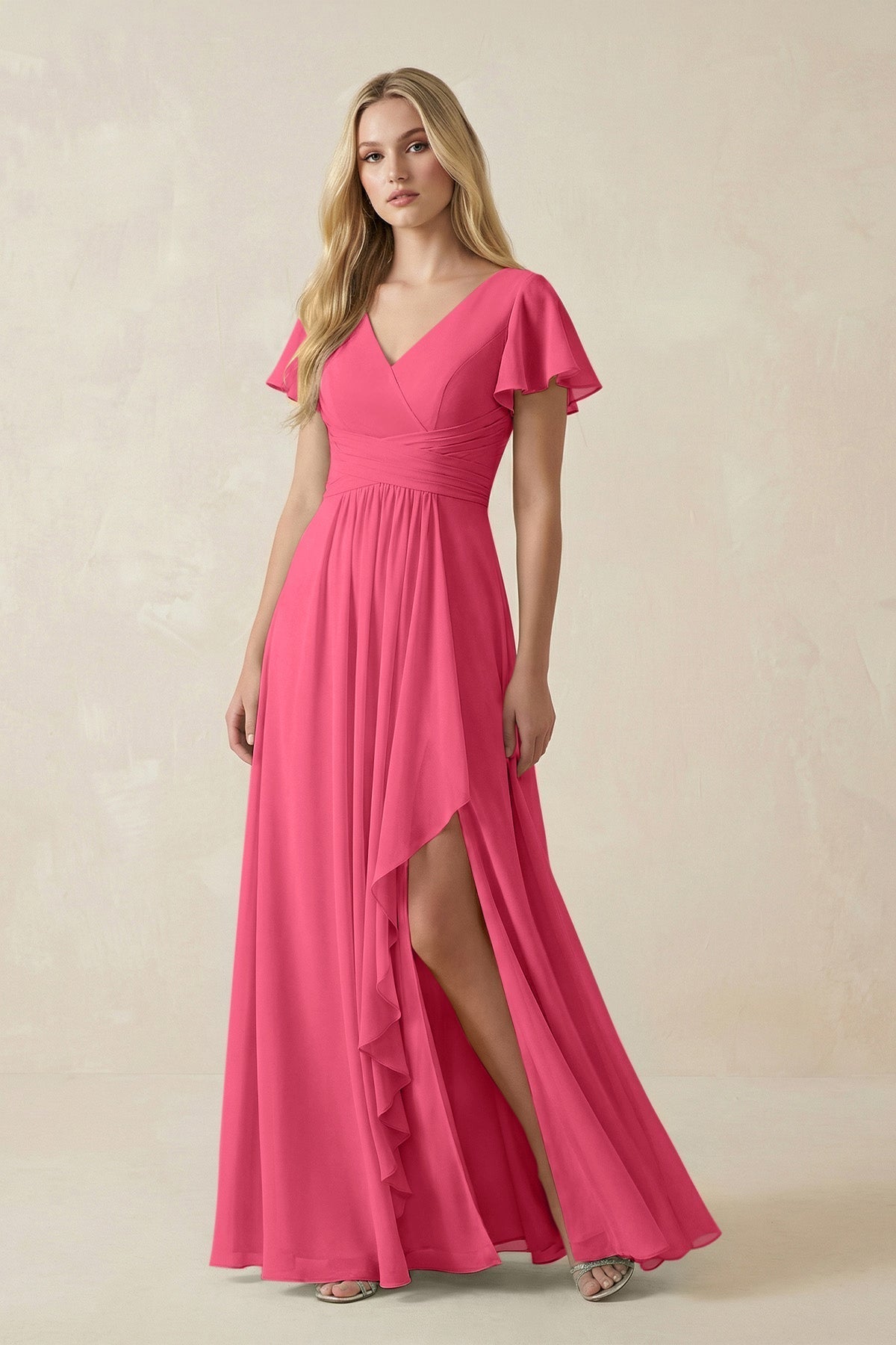 V-Neck Flutter Sleeve A-Line Chiffon Bridesmaid Dress in Fuchsia