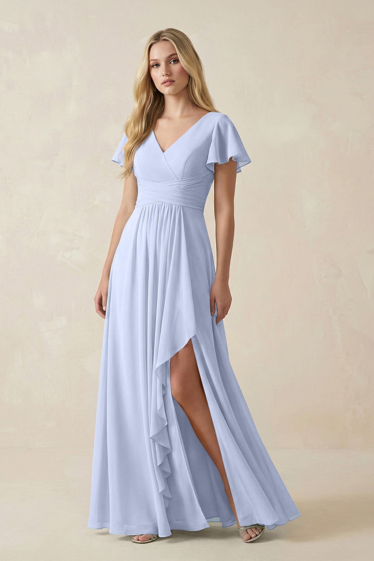 V-Neck Flutter Sleeve A-Line Chiffon Bridesmaid Dress in Ice