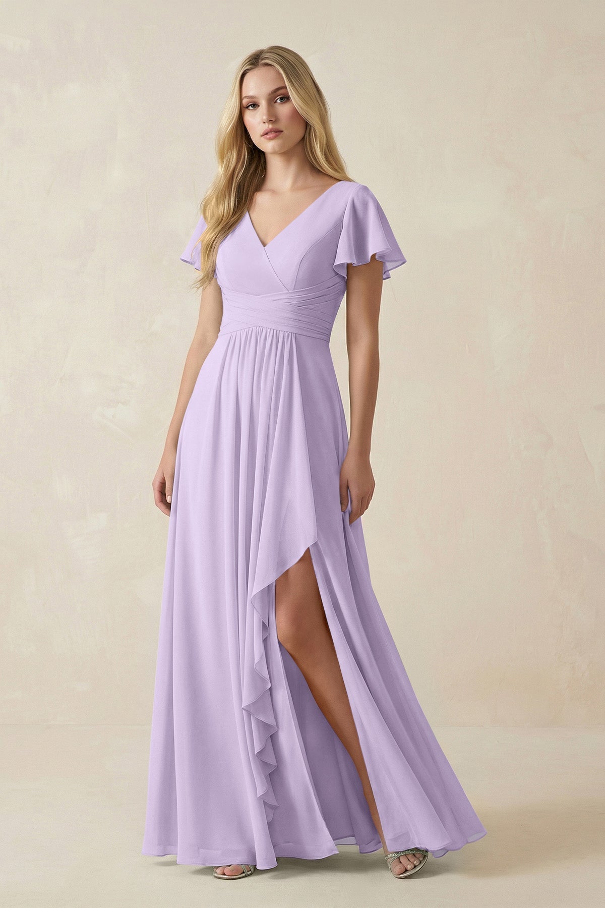 V-Neck Flutter Sleeve A-Line Chiffon Bridesmaid Dress in Lavender