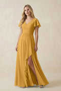 V-Neck Flutter Sleeve A-Line Chiffon Bridesmaid Dress in Marigold
