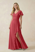 V-Neck Flutter Sleeve A-Line Chiffon Bridesmaid Dress in Merlot