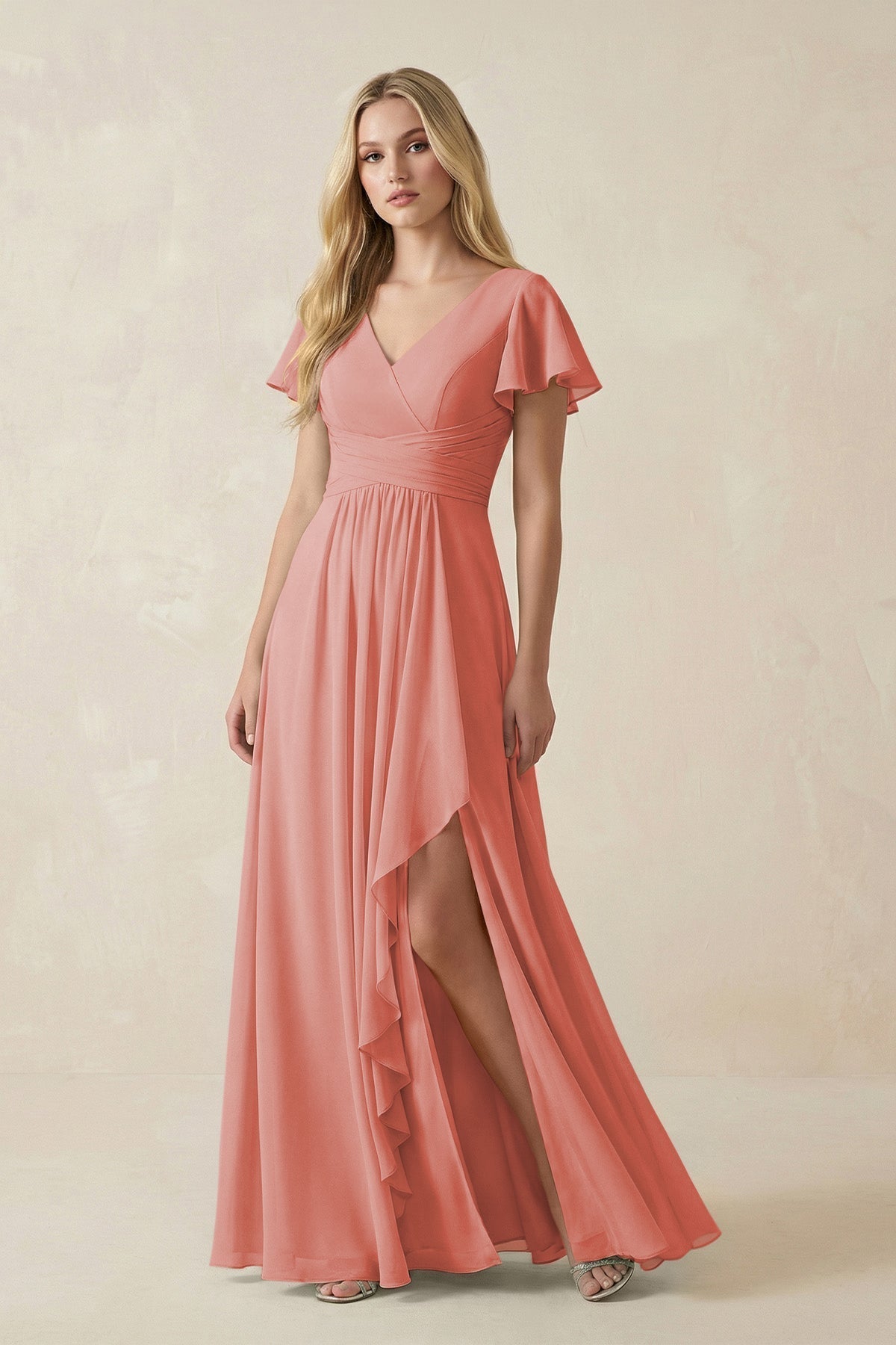 V-Neck Flutter Sleeve A-Line Chiffon Bridesmaid Dress in Mulberry