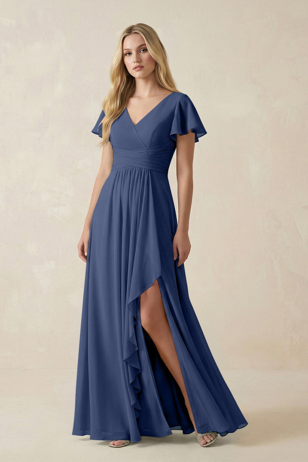 V-Neck Flutter Sleeve A-Line Chiffon Bridesmaid Dress in Navy