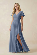 V-Neck Flutter Sleeve A-Line Chiffon Bridesmaid Dress in Neptune