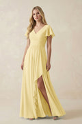 V-Neck Flutter Sleeve A-Line Chiffon Bridesmaid Dress in Pastel Yellow