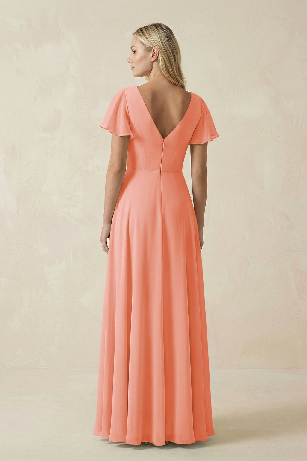 V-Neck Flutter Sleeve A-Line Chiffon Bridesmaid Dress in Rosette