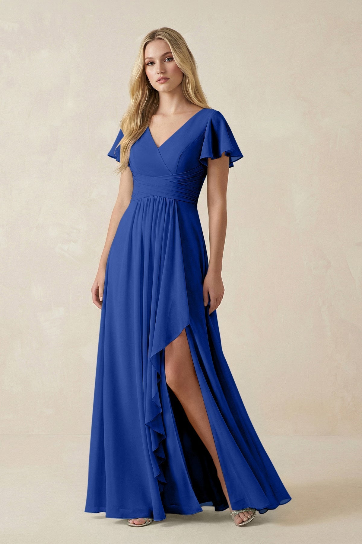 V-Neck Flutter Sleeve A-Line Chiffon Bridesmaid Dress in Royal Blue