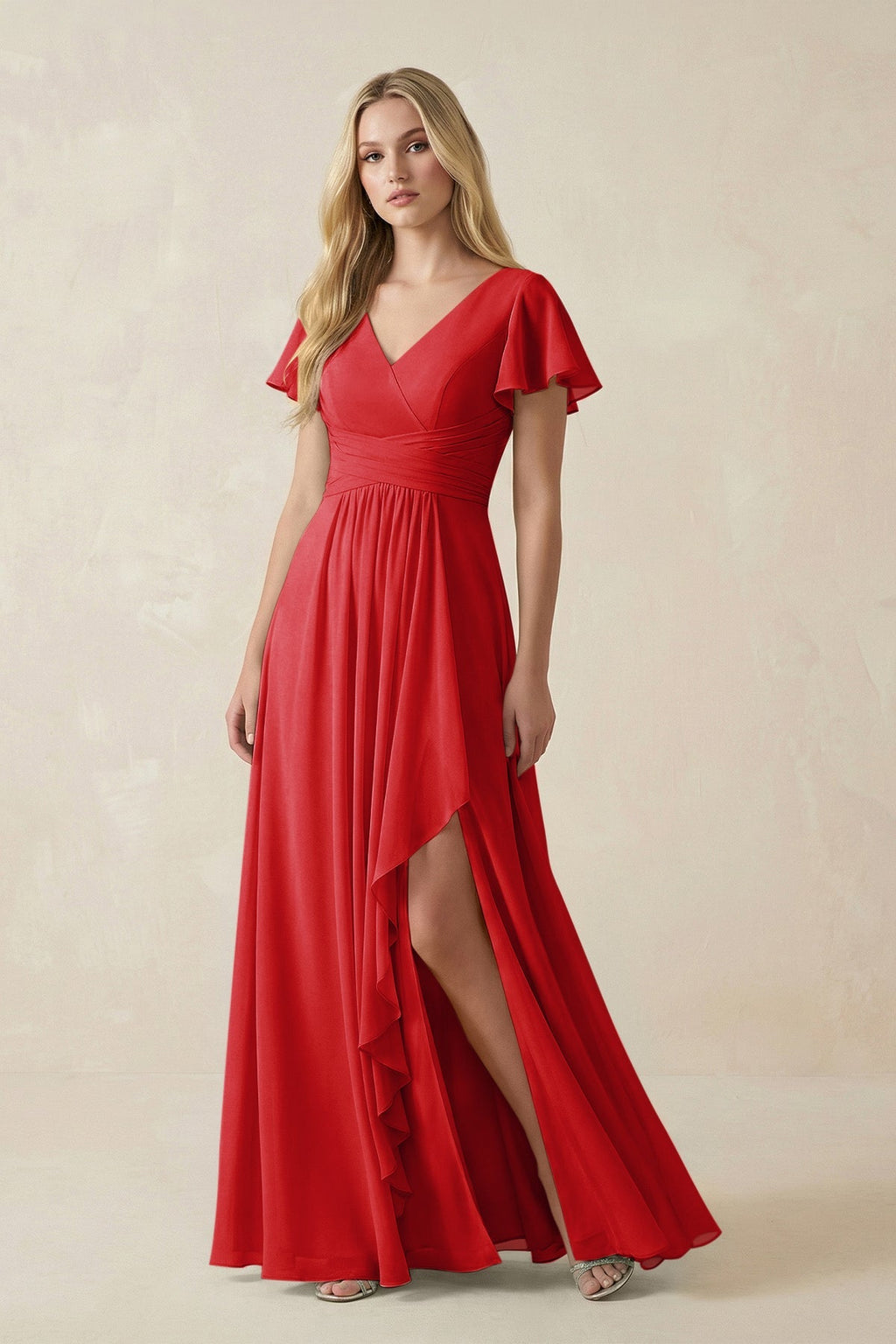 V-Neck Flutter Sleeve A-Line Chiffon Bridesmaid Dress in Ruby Red