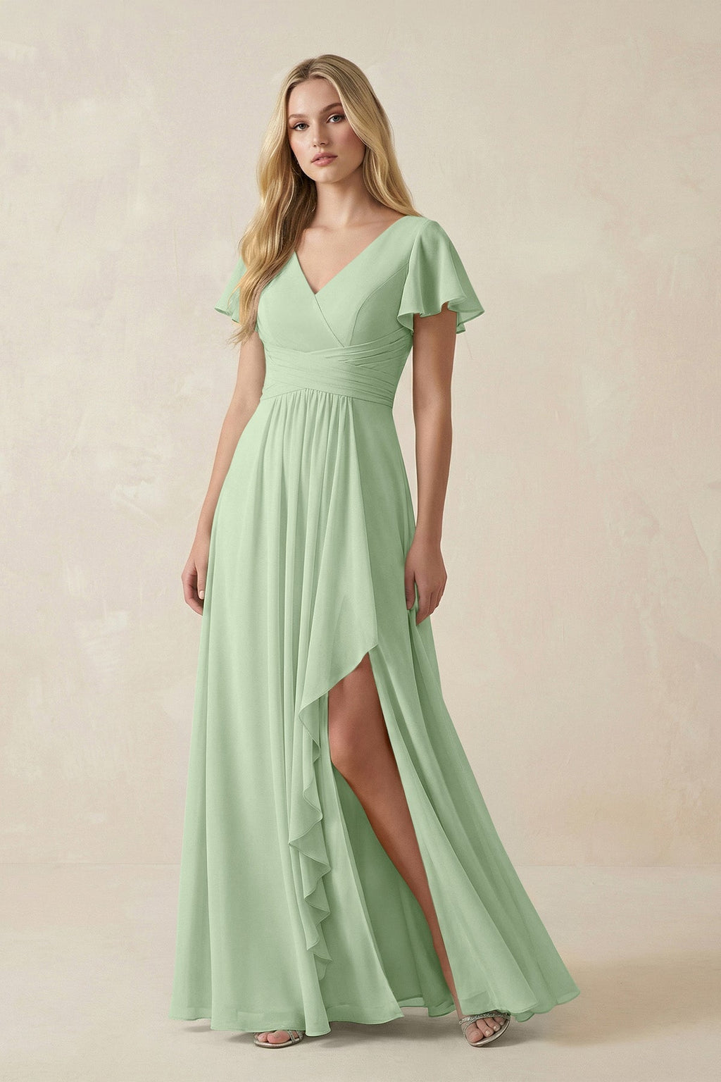 V-Neck Flutter Sleeve A-Line Chiffon Bridesmaid Dress in Sage