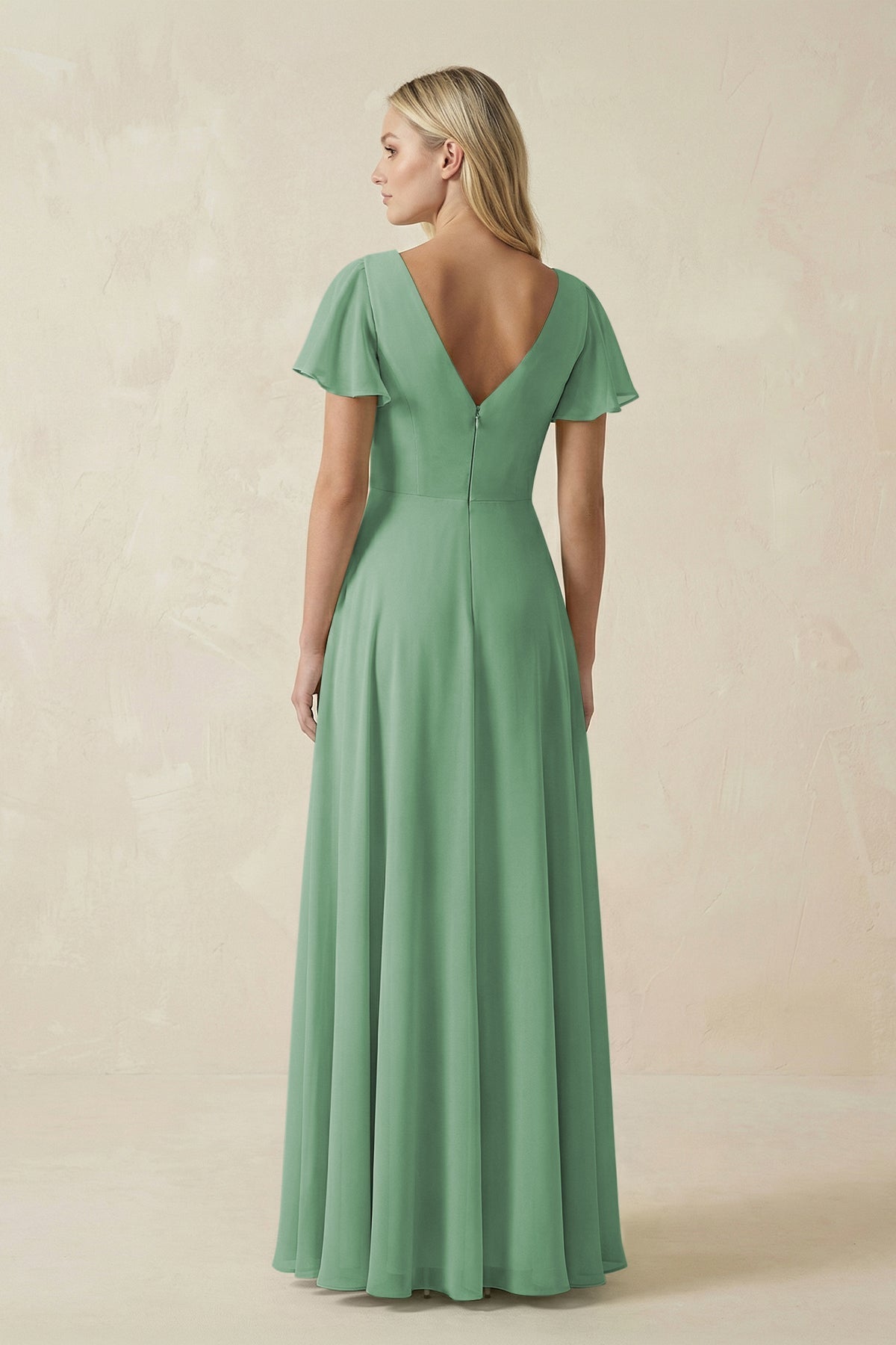 V-Neck Flutter Sleeve A-Line Chiffon Bridesmaid Dress in Sea Glass