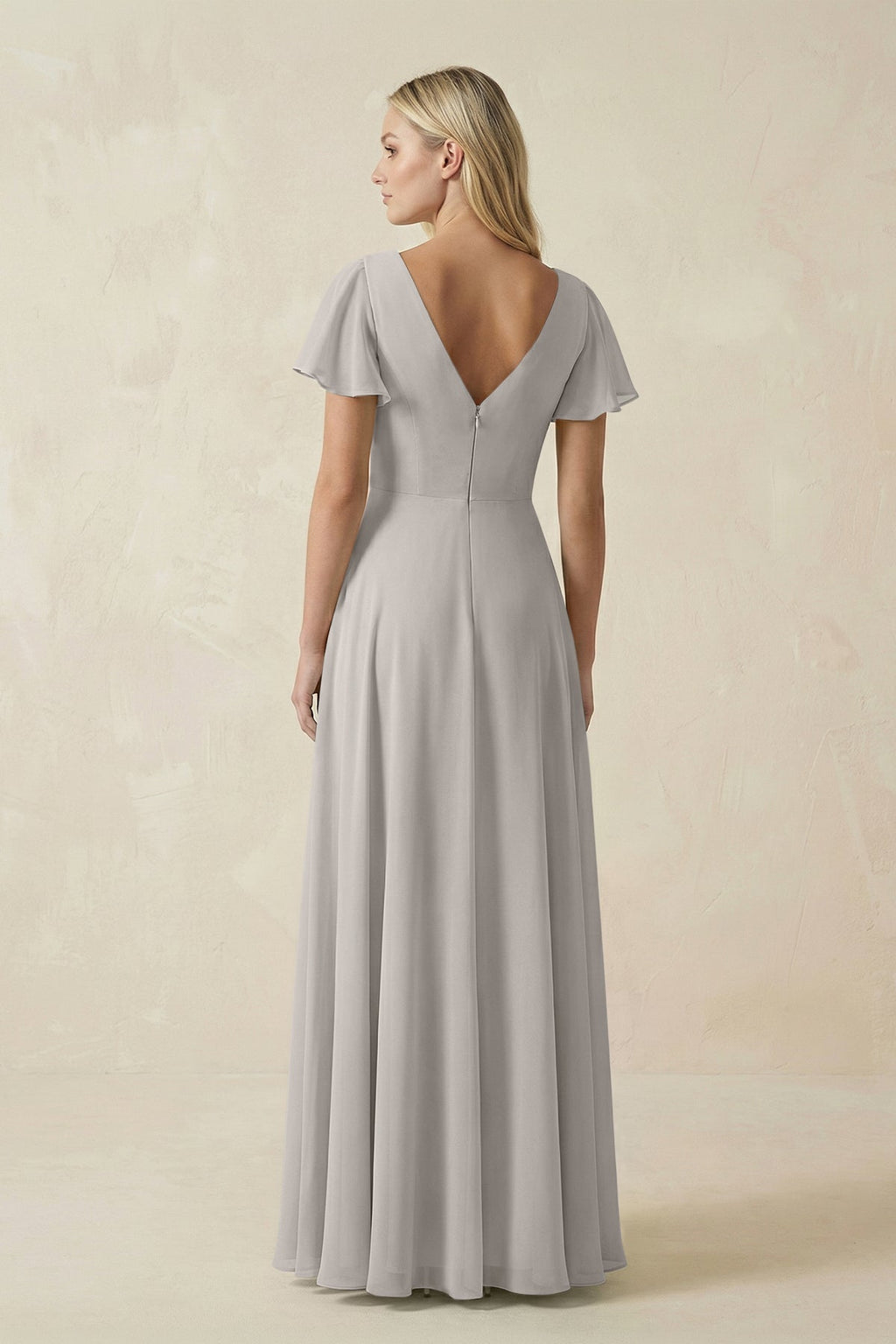 V-Neck Flutter Sleeve A-Line Chiffon Bridesmaid Dress in Silver