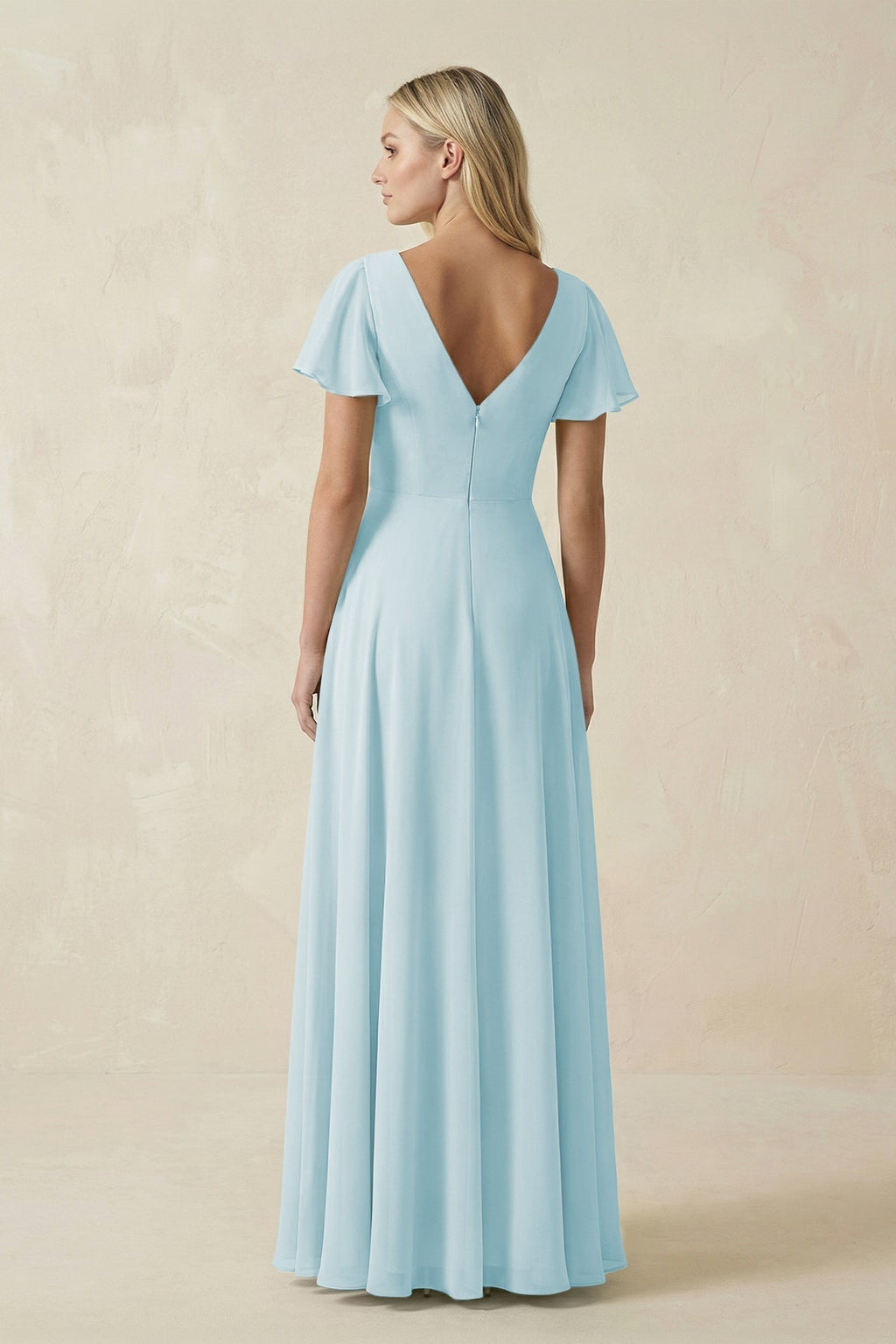 V-Neck Flutter Sleeve A-Line Chiffon Bridesmaid Dress in Sky Blue