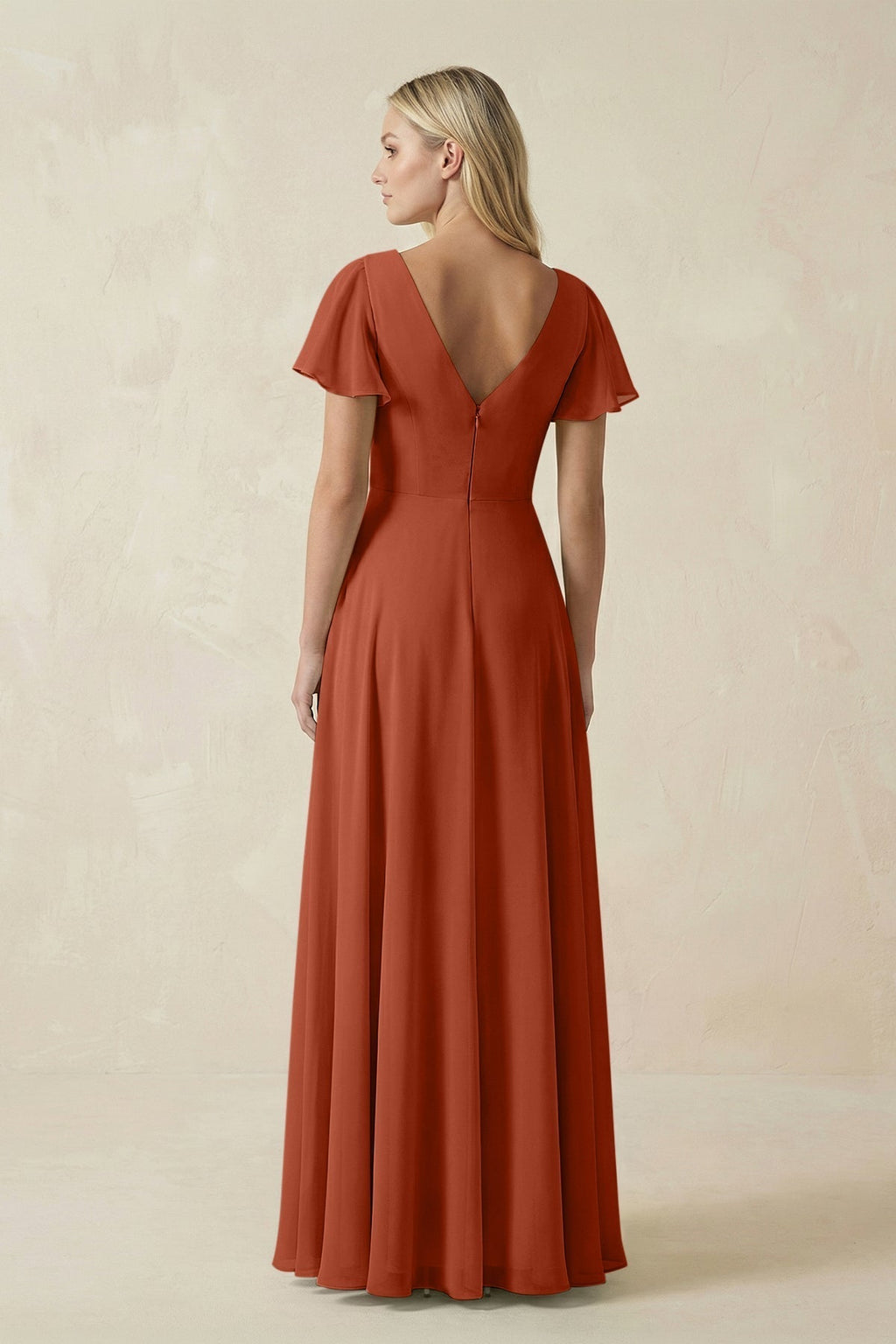 V-Neck Flutter Sleeve A-Line Chiffon Bridesmaid Dress in Spice