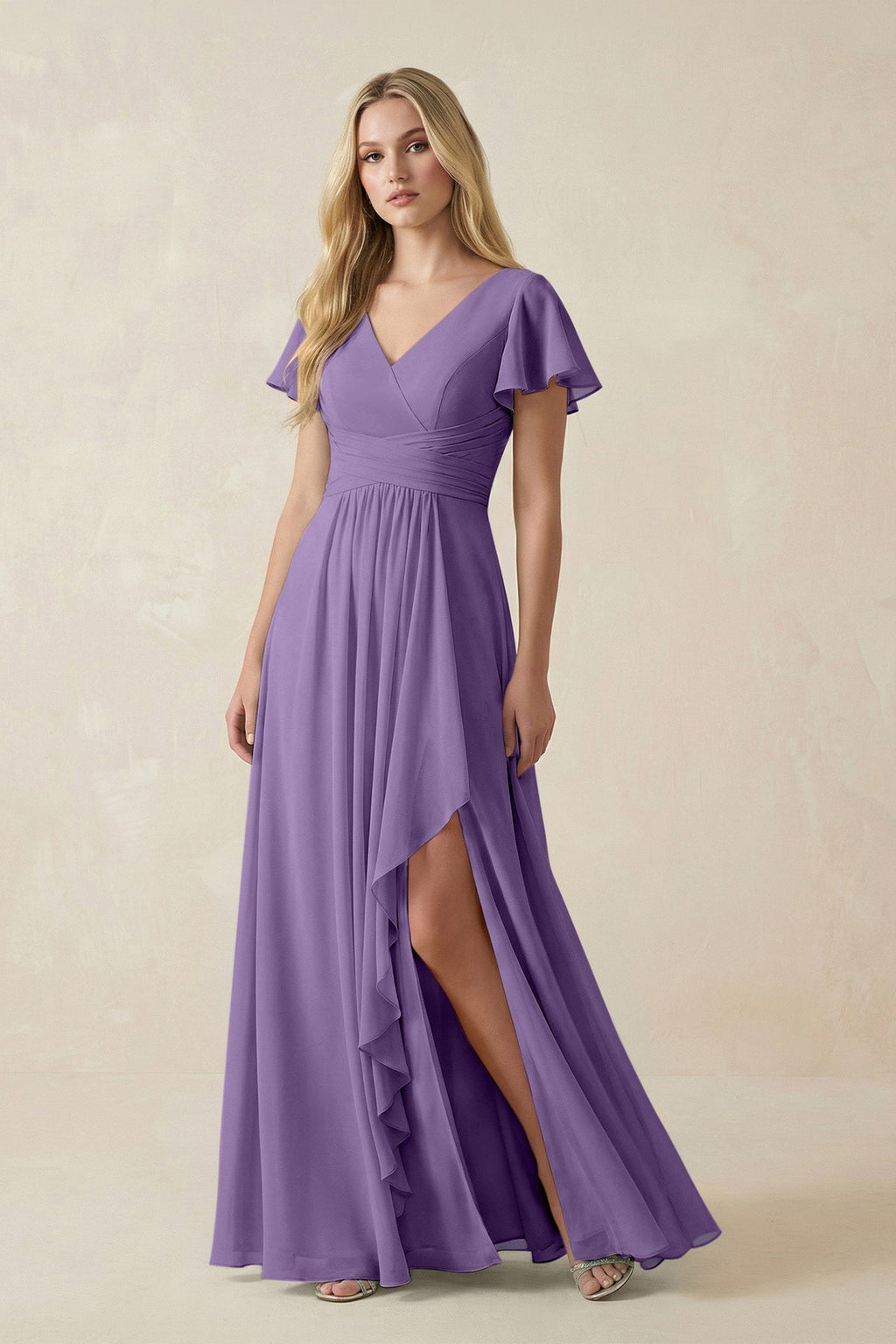 V-Neck Flutter Sleeve A-Line Chiffon Bridesmaid Dress in Tahiti