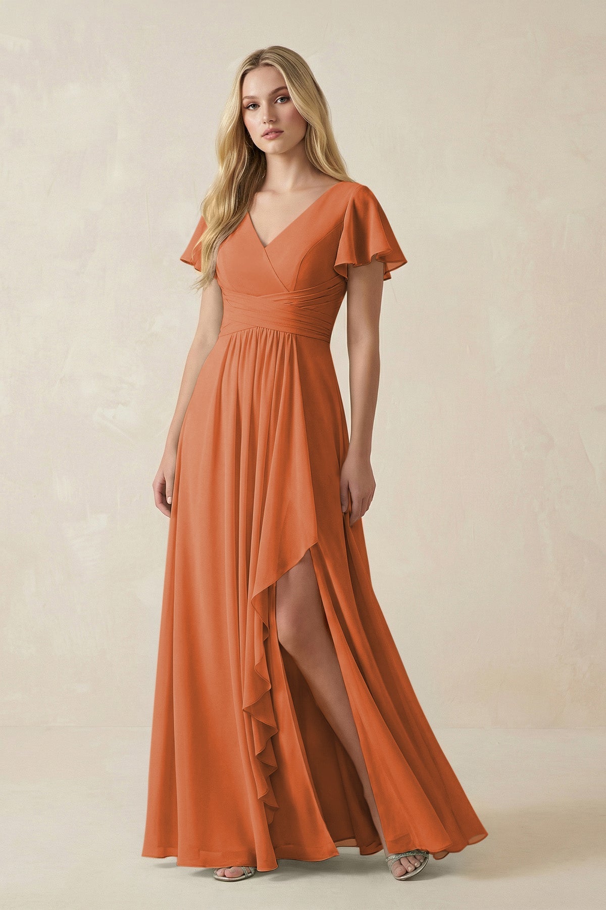 V-Neck Flutter Sleeve A-Line Chiffon Bridesmaid Dress in Terracotta