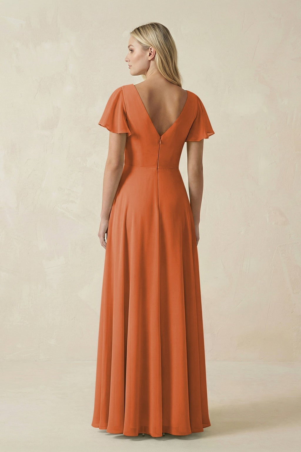 V-Neck Flutter Sleeve A-Line Chiffon Bridesmaid Dress in Terracotta