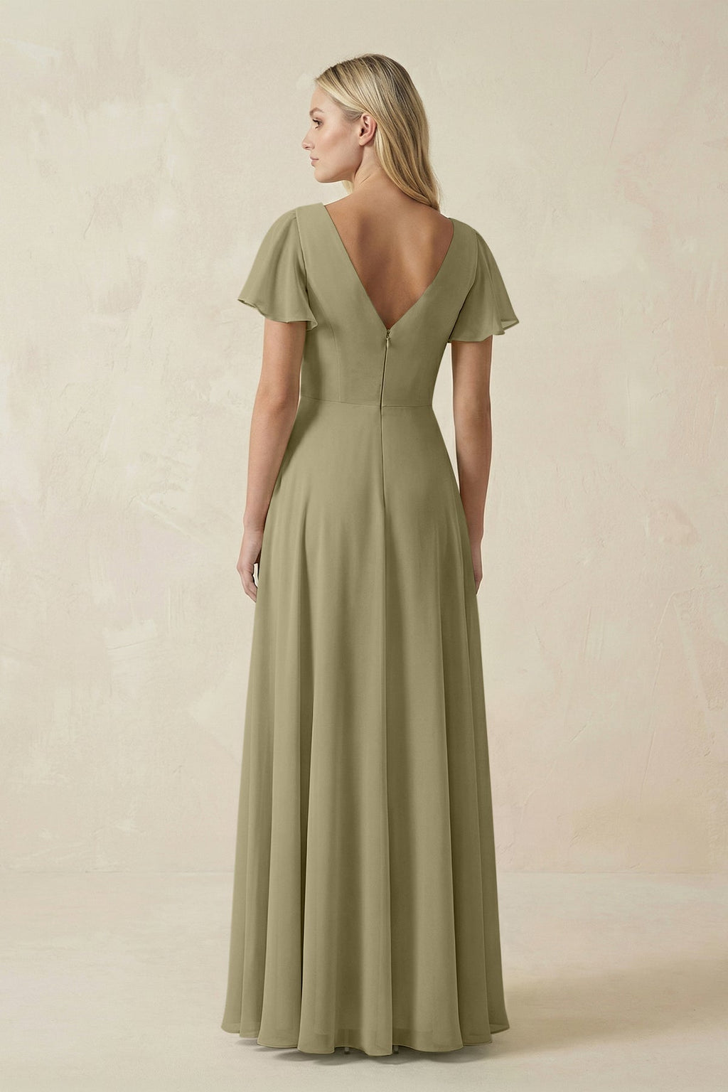 V-Neck Flutter Sleeve A-Line Chiffon Bridesmaid Dress in Thyme