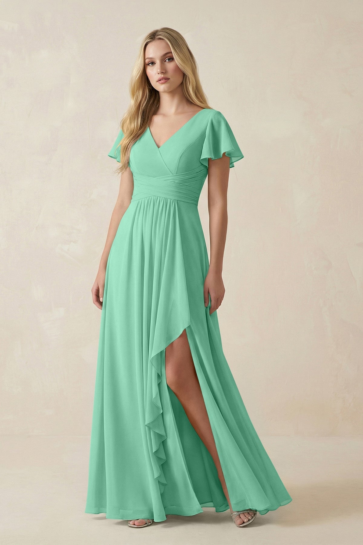 V-Neck Flutter Sleeve A-Line Chiffon Bridesmaid Dress in Turquoise