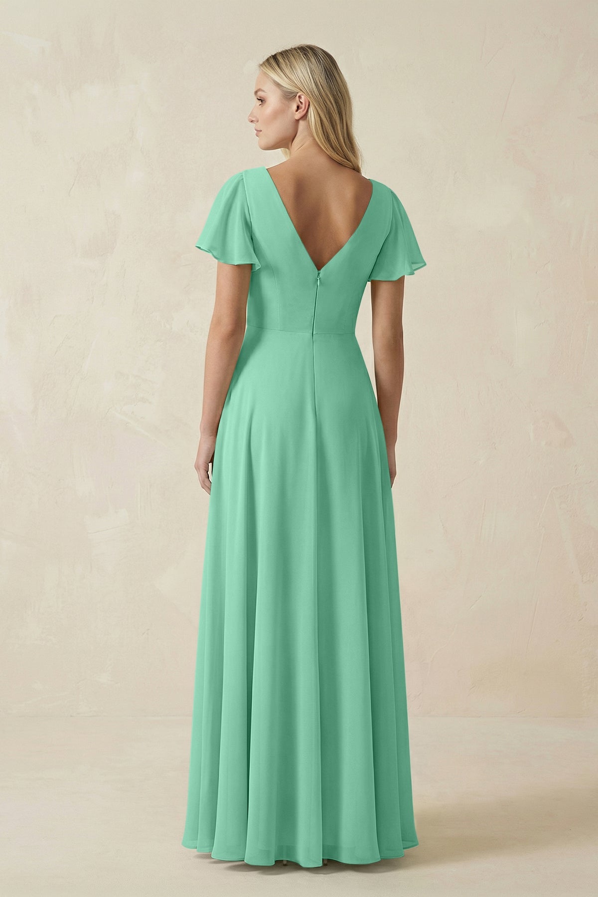 V-Neck Flutter Sleeve A-Line Chiffon Bridesmaid Dress in Turquoise
