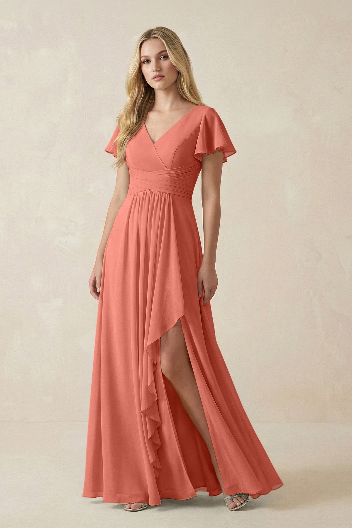 V-Neck Flutter Sleeve A-Line Chiffon Bridesmaid Dress in Wild Rose