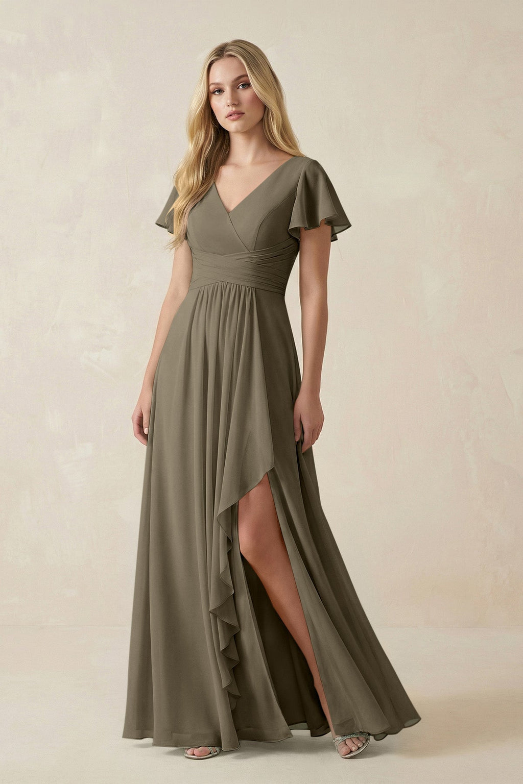 V-Neck Flutter Sleeve A-Line Chiffon Bridesmaid Dress in Willow Green