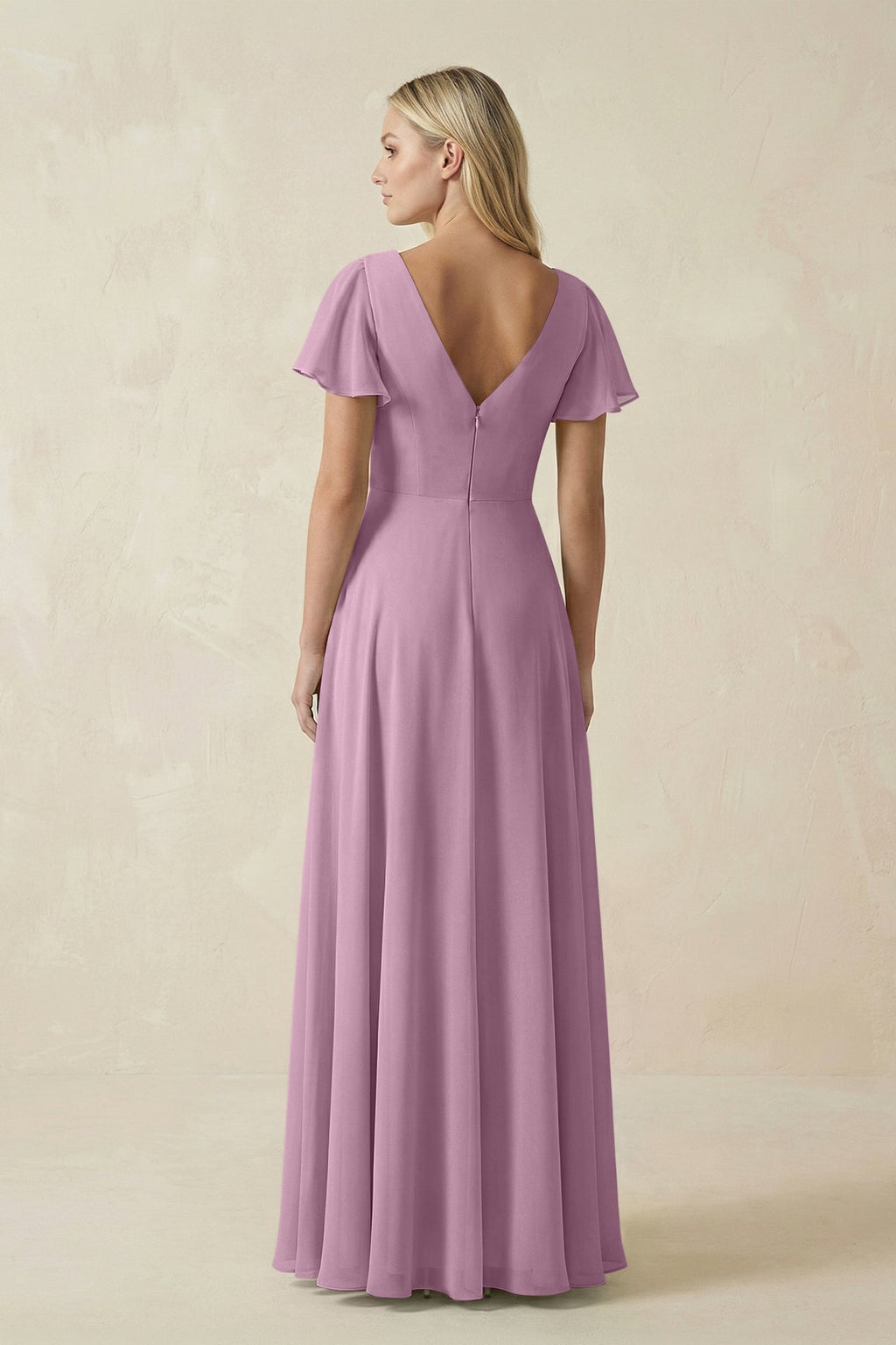V-Neck Flutter Sleeve A-Line Chiffon Bridesmaid Dress in Wisteria