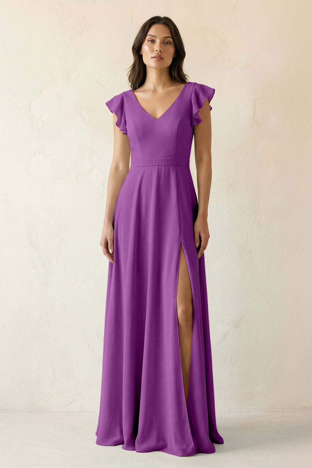 V-Neck Ruffled A-Line Chiffon Bridesmaid Dress in Amethyst