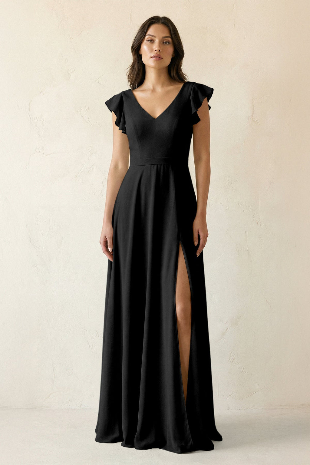 V-Neck Ruffled A-Line Chiffon Bridesmaid Dress in Black