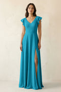 V-Neck Ruffled A-Line Chiffon Bridesmaid Dress in Blue Jay