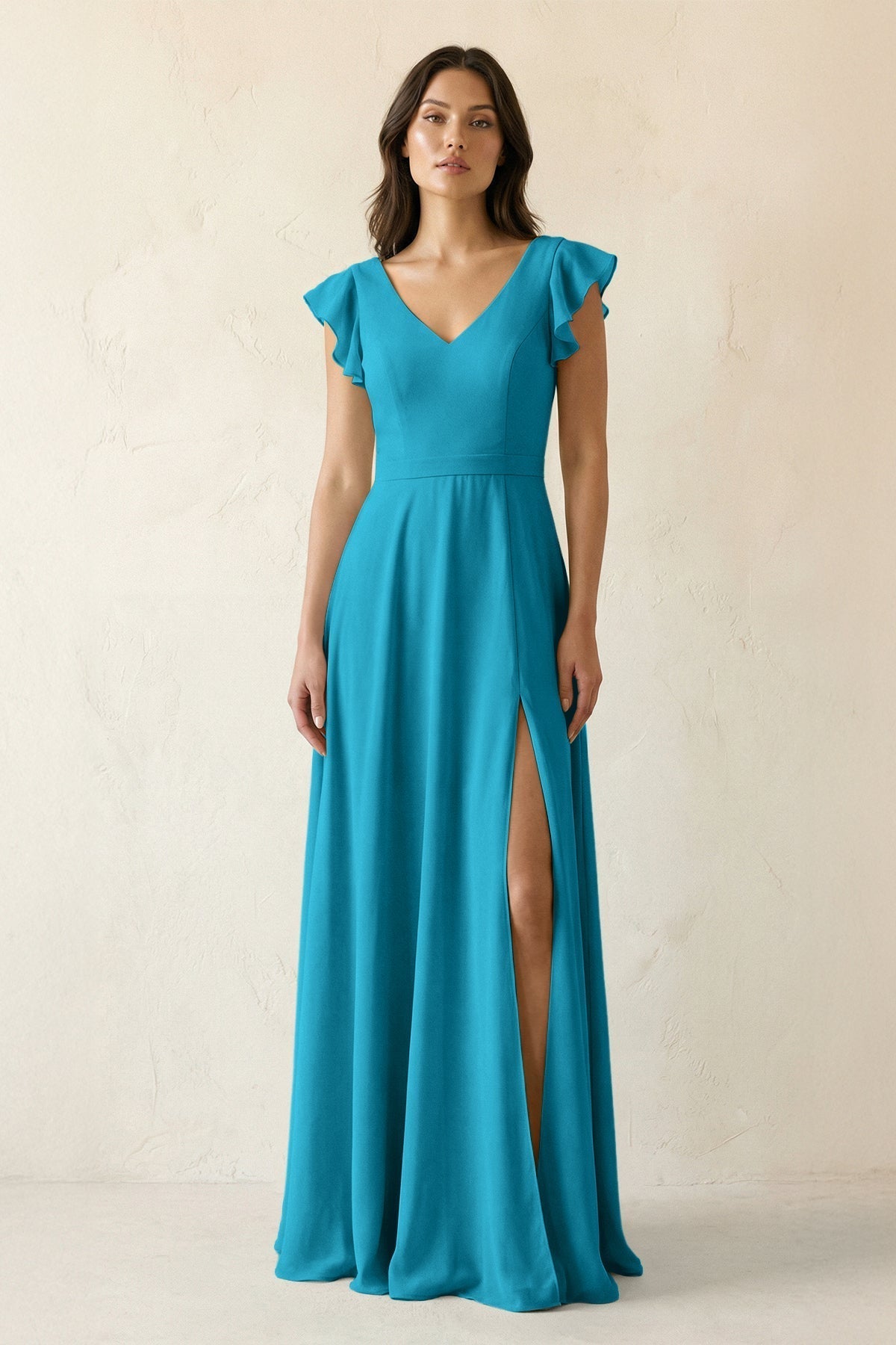 V-Neck Ruffled A-Line Chiffon Bridesmaid Dress in Blue Jay