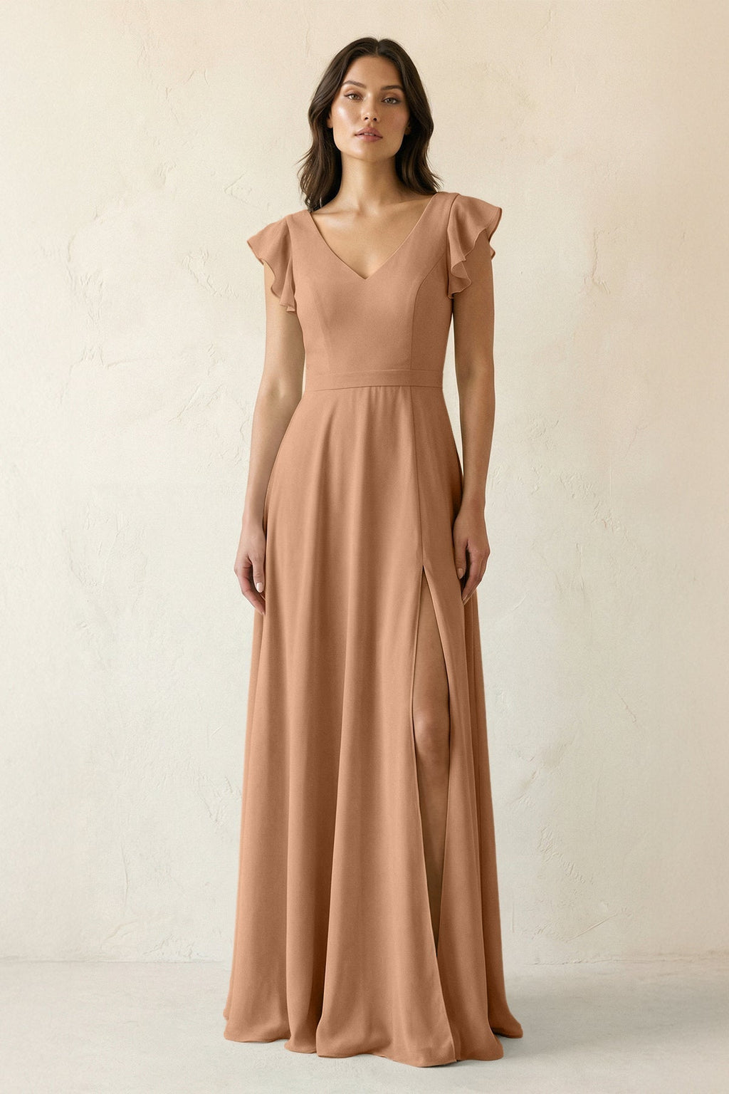V-Neck Ruffled A-Line Chiffon Bridesmaid Dress in Bronzer