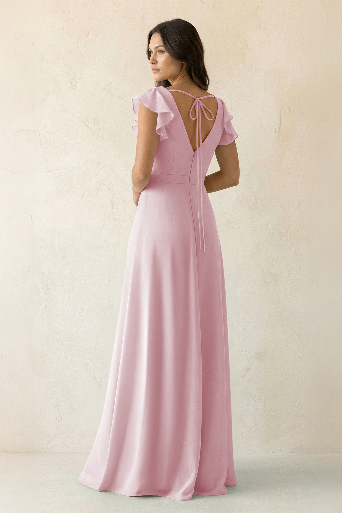 V-Neck Ruffled A-Line Chiffon Bridesmaid Dress in Candy Pink