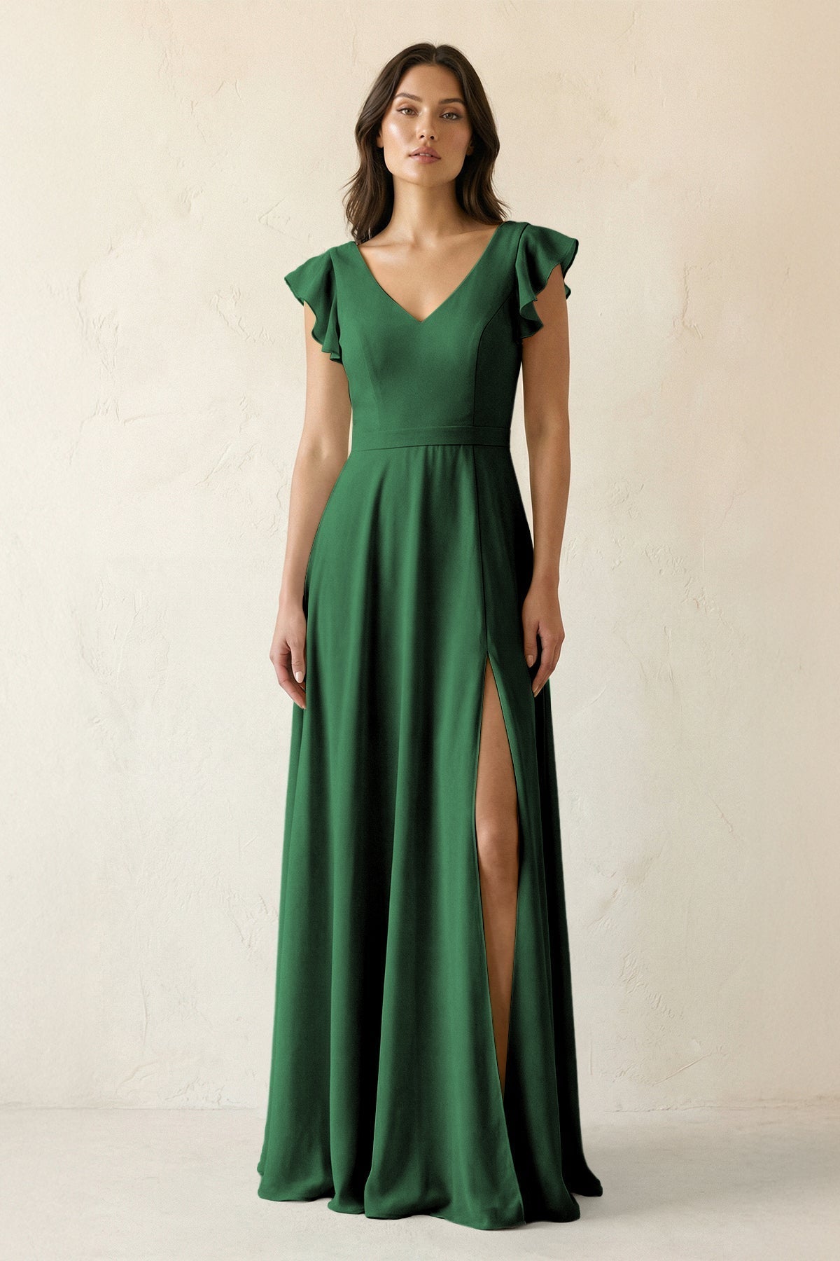 V-Neck Ruffled A-Line Chiffon Bridesmaid Dress in Dark Green
