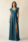 V-Neck Ruffled A-Line Chiffon Bridesmaid Dress in Dark Teal