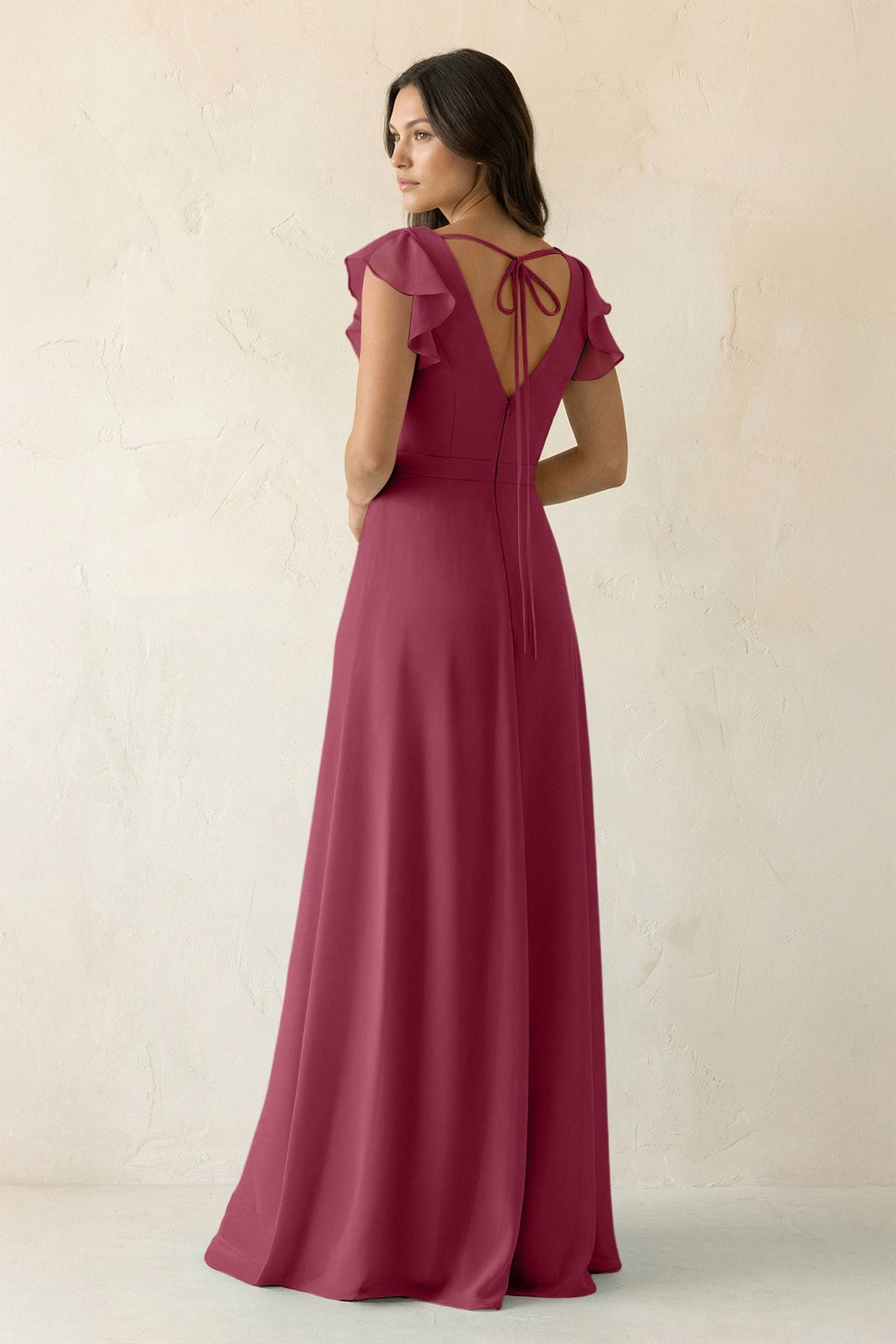 V-Neck Ruffled A-Line Chiffon Bridesmaid Dress in Desert Rose
