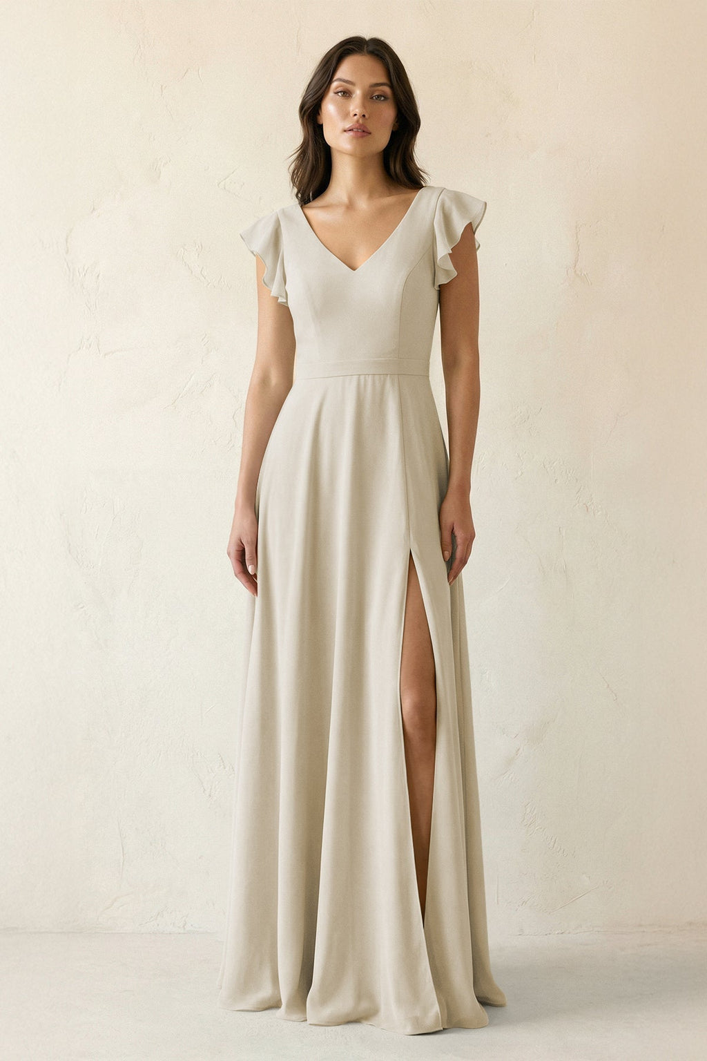 V-Neck Ruffled A-Line Chiffon Bridesmaid Dress in Dove Gray