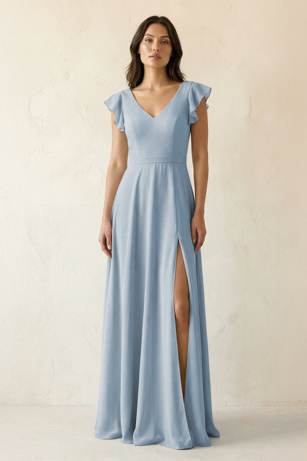 V-Neck Ruffled A-Line Chiffon Bridesmaid Dress in Dusty Blue