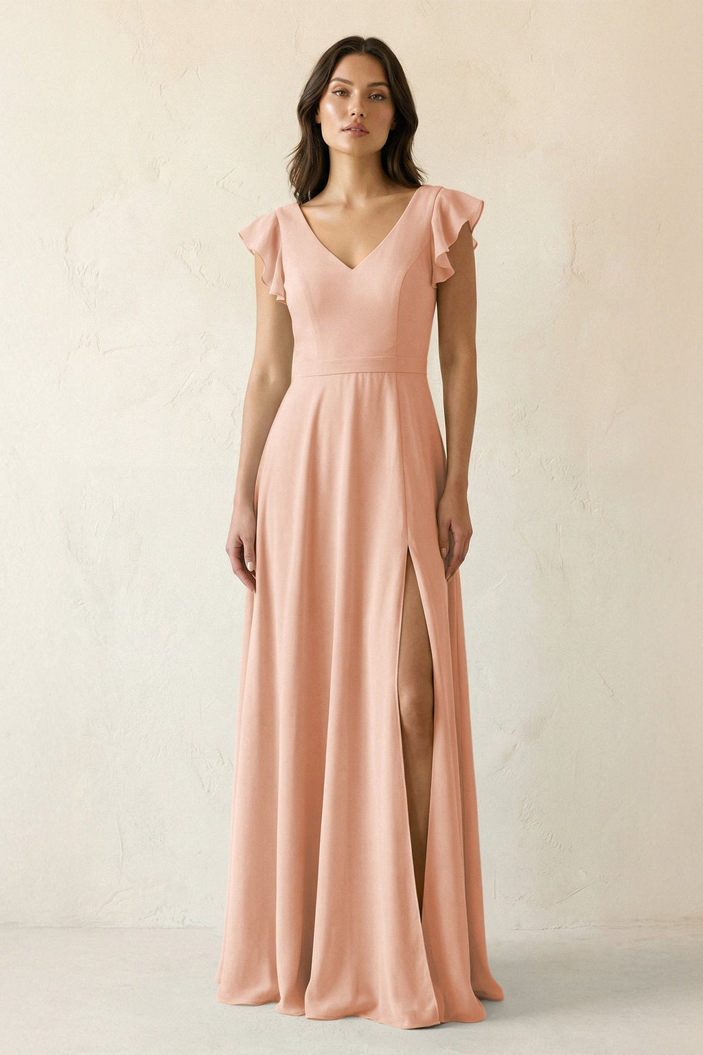 V-Neck Ruffled A-Line Chiffon Bridesmaid Dress in English Rose