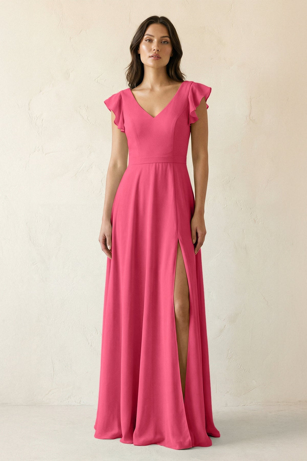 V-Neck Ruffled A-Line Chiffon Bridesmaid Dress in Fuchsia