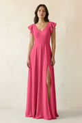 V-Neck Ruffled A-Line Chiffon Bridesmaid Dress in Fuchsia